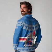Iceland Flag Long Sleeve Polo Shirt with Icelandic Crest and Traditional Nordic Knit Pattern Design