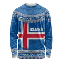 Iceland Flag Long Sleeve Shirt with Icelandic Crest and Traditional Nordic Knit Pattern Design