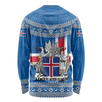 Iceland Flag Long Sleeve Shirt with Icelandic Crest and Traditional Nordic Knit Pattern Design