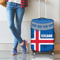 Iceland Flag Luggage Cover with Icelandic Crest and Traditional Nordic Knit Pattern Design