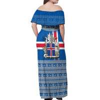 Iceland Flag Off Shoulder Maxi Dress with Icelandic Crest and Traditional Nordic Knit Pattern Design
