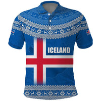 Iceland Flag Polo Shirt with Icelandic Crest and Traditional Nordic Knit Pattern Design