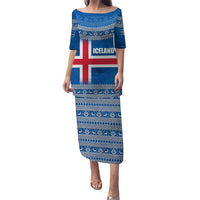 Iceland Flag Puletasi with Icelandic Crest and Traditional Nordic Knit Pattern Design