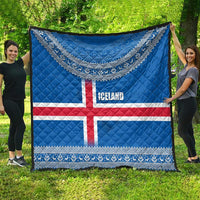 Iceland Flag Quilt with Icelandic Crest and Traditional Nordic Knit Pattern Design