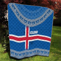 Iceland Flag Quilt with Icelandic Crest and Traditional Nordic Knit Pattern Design