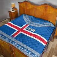 Iceland Flag Quilt with Icelandic Crest and Traditional Nordic Knit Pattern Design