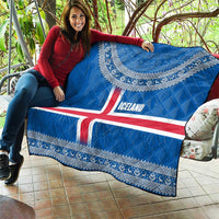 Iceland Flag Quilt with Icelandic Crest and Traditional Nordic Knit Pattern Design