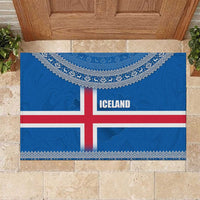 Iceland Flag Rubber Doormat with Icelandic Crest and Traditional Nordic Knit Pattern Design