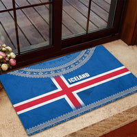 Iceland Flag Rubber Doormat with Icelandic Crest and Traditional Nordic Knit Pattern Design