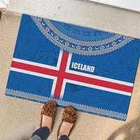 Iceland Flag Rubber Doormat with Icelandic Crest and Traditional Nordic Knit Pattern Design