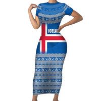 Iceland Flag Short Sleeve Bodycon Dress with Icelandic Crest and Traditional Nordic Knit Pattern Design