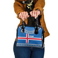Iceland Flag Shoulder Handbag with Icelandic Crest and Traditional Nordic Knit Pattern Design