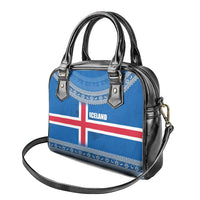 Iceland Flag Shoulder Handbag with Icelandic Crest and Traditional Nordic Knit Pattern Design