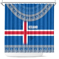 Iceland Flag Shower Curtain with Icelandic Crest and Traditional Nordic Knit Pattern Design