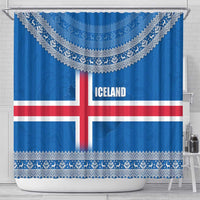 Iceland Flag Shower Curtain with Icelandic Crest and Traditional Nordic Knit Pattern Design