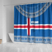 Iceland Flag Shower Curtain with Icelandic Crest and Traditional Nordic Knit Pattern Design