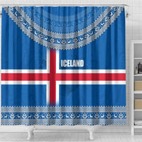 Iceland Flag Shower Curtain with Icelandic Crest and Traditional Nordic Knit Pattern Design
