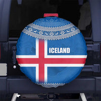Iceland Flag Spare Tire Cover with Icelandic Crest and Traditional Nordic Knit Pattern Design