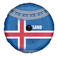 Iceland Flag Spare Tire Cover with Icelandic Crest and Traditional Nordic Knit Pattern Design