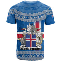 Iceland Flag T Shirt with Icelandic Crest and Traditional Nordic Knit Pattern Design