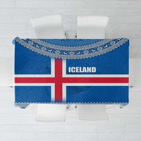 Iceland Flag Tablecloth with Icelandic Crest and Traditional Nordic Knit Pattern Design
