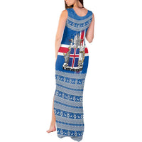 Iceland Flag Tank Maxi Dress with Icelandic Crest and Traditional Nordic Knit Pattern Design