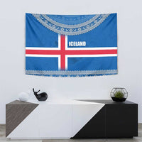 Iceland Flag Tapestry with Icelandic Crest and Traditional Nordic Knit Pattern Design