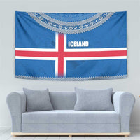 Iceland Flag Tapestry with Icelandic Crest and Traditional Nordic Knit Pattern Design