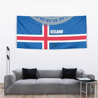 Iceland Flag Tapestry with Icelandic Crest and Traditional Nordic Knit Pattern Design