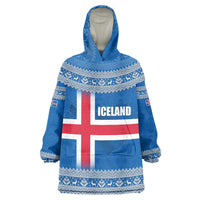 Iceland Flag Wearable Blanket Hoodie with Icelandic Crest and Traditional Nordic Knit Pattern Design