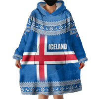 Iceland Flag Wearable Blanket Hoodie with Icelandic Crest and Traditional Nordic Knit Pattern Design