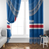 Iceland Flag Window Curtain with Icelandic Crest and Traditional Nordic Knit Pattern Design