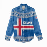 Iceland Flag Women Casual Shirt with Icelandic Crest and Traditional Nordic Knit Pattern Design