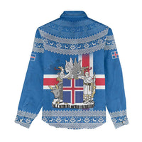 Iceland Flag Women Casual Shirt with Icelandic Crest and Traditional Nordic Knit Pattern Design