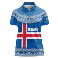 Iceland Flag Women Polo Shirt with Icelandic Crest and Traditional Nordic Knit Pattern Design