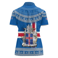 Iceland Flag Women Polo Shirt with Icelandic Crest and Traditional Nordic Knit Pattern Design