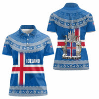 Iceland Flag Women Polo Shirt with Icelandic Crest and Traditional Nordic Knit Pattern Design