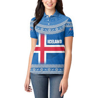 Iceland Flag Women Polo Shirt with Icelandic Crest and Traditional Nordic Knit Pattern Design