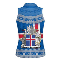 Iceland Flag Women Sleeveless Polo Shirt with Icelandic Crest and Traditional Nordic Knit Pattern Design