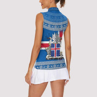 Iceland Flag Women Sleeveless Polo Shirt with Icelandic Crest and Traditional Nordic Knit Pattern Design