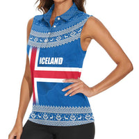 Iceland Flag Women Sleeveless Polo Shirt with Icelandic Crest and Traditional Nordic Knit Pattern Design