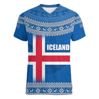 Iceland Flag Women V-Neck T-Shirt with Icelandic Crest and Traditional Nordic Knit Pattern Design