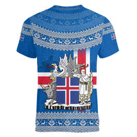 Iceland Flag Women V-Neck T-Shirt with Icelandic Crest and Traditional Nordic Knit Pattern Design