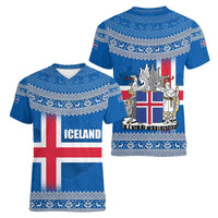 Iceland Flag Women V-Neck T-Shirt with Icelandic Crest and Traditional Nordic Knit Pattern Design
