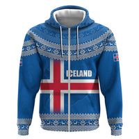 Iceland Flag Zip Hoodie with Icelandic Crest and Traditional Nordic Knit Pattern Design
