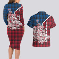 Iceland Crest Couples Matching Long Sleeve Bodycon Dress and Hawaiian Shirt with Viking Dragon and Icelandic Flag Plaid Pattern - Wonder Print Shop