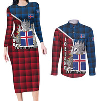 Iceland Crest Couples Matching Long Sleeve Bodycon Dress and Long Sleeve Button Shirt with Viking Dragon and Icelandic Flag Plaid Pattern - Wonder Print Shop