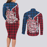 Iceland Crest Couples Matching Long Sleeve Bodycon Dress and Long Sleeve Button Shirt with Viking Dragon and Icelandic Flag Plaid Pattern - Wonder Print Shop