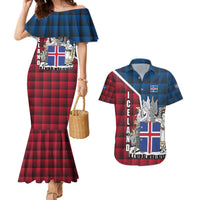 Iceland Crest Couples Matching Mermaid Dress and Hawaiian Shirt with Viking Dragon and Icelandic Flag Plaid Pattern - Wonder Print Shop