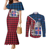 Iceland Crest Couples Matching Mermaid Dress and Long Sleeve Button Shirt with Viking Dragon and Icelandic Flag Plaid Pattern - Wonder Print Shop